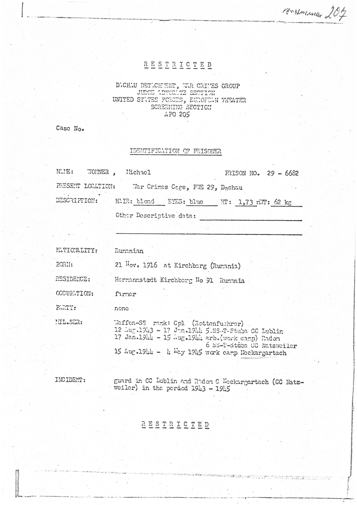 Personalbogen von Michael Wonner der US-Armee – Abteilung für Kriegsverbrechen in Dachau (BArch B 162/8818, Bl. 207)