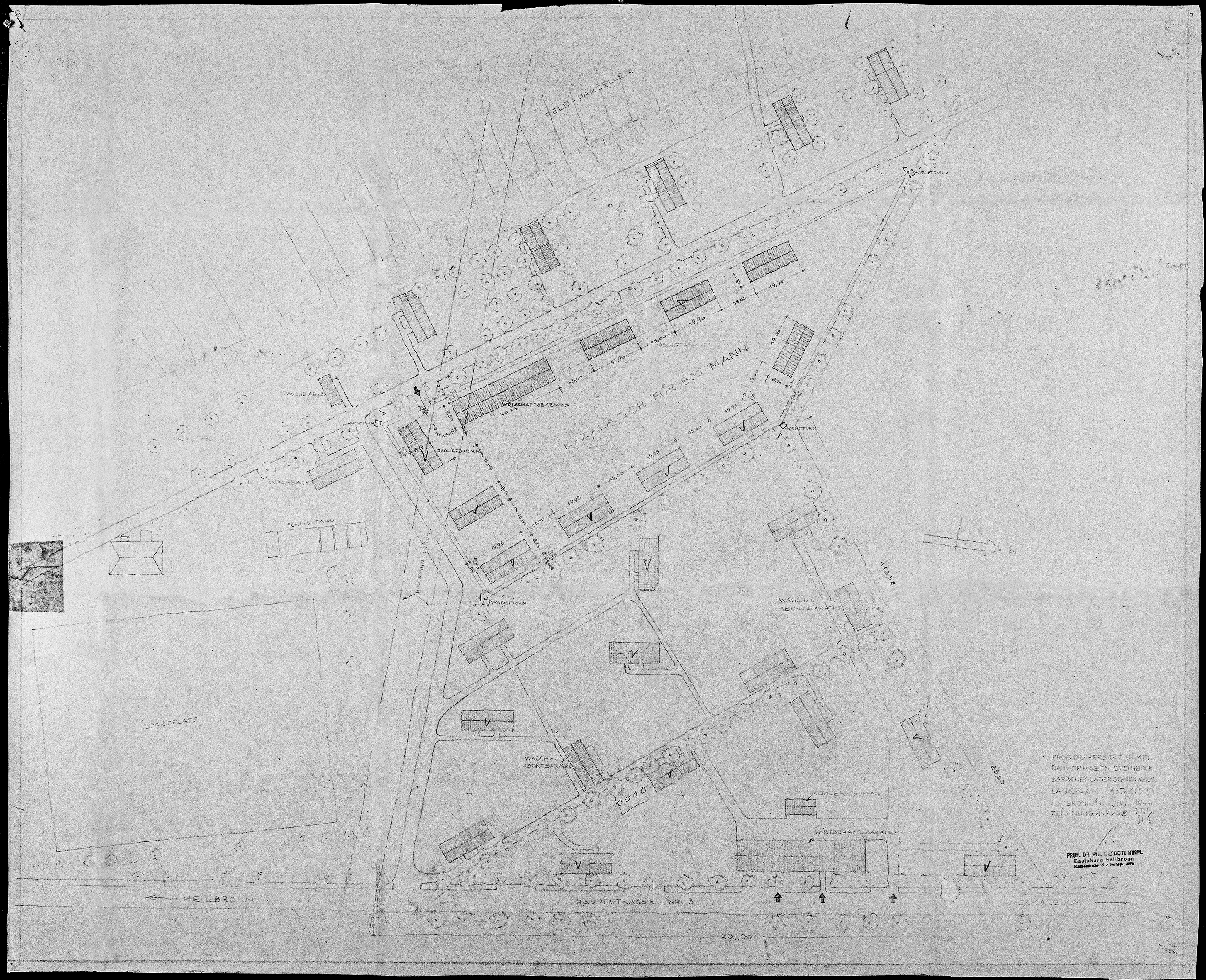Bauplan mit Lagergelände in Trapezform, mehreren Baracken, Wachmannschaftsunterkünften und Wirtschaftsgebäuden
