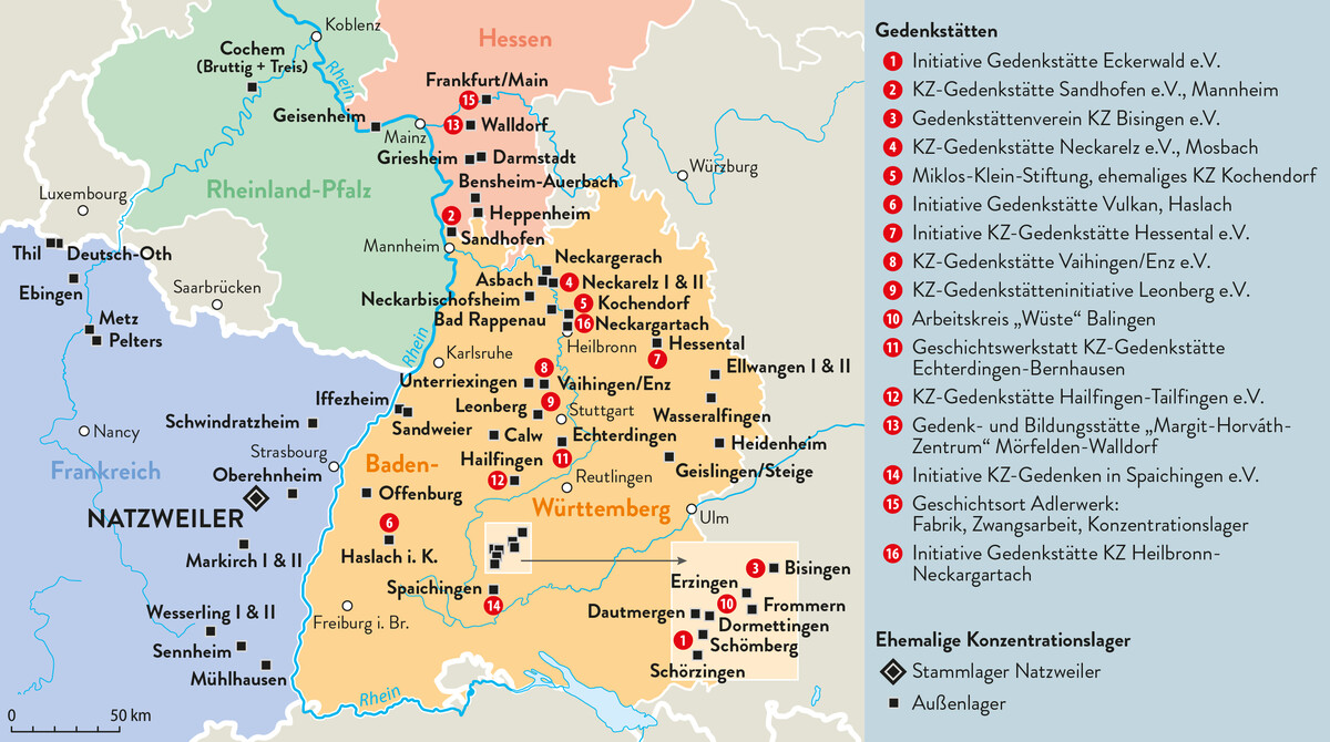 Lage des KZ Natzweiler und seiner Außenlager im Zeitraum von 1943-1945 auf einer Karte von Elsass-Lothringen und Südwestdeutschland