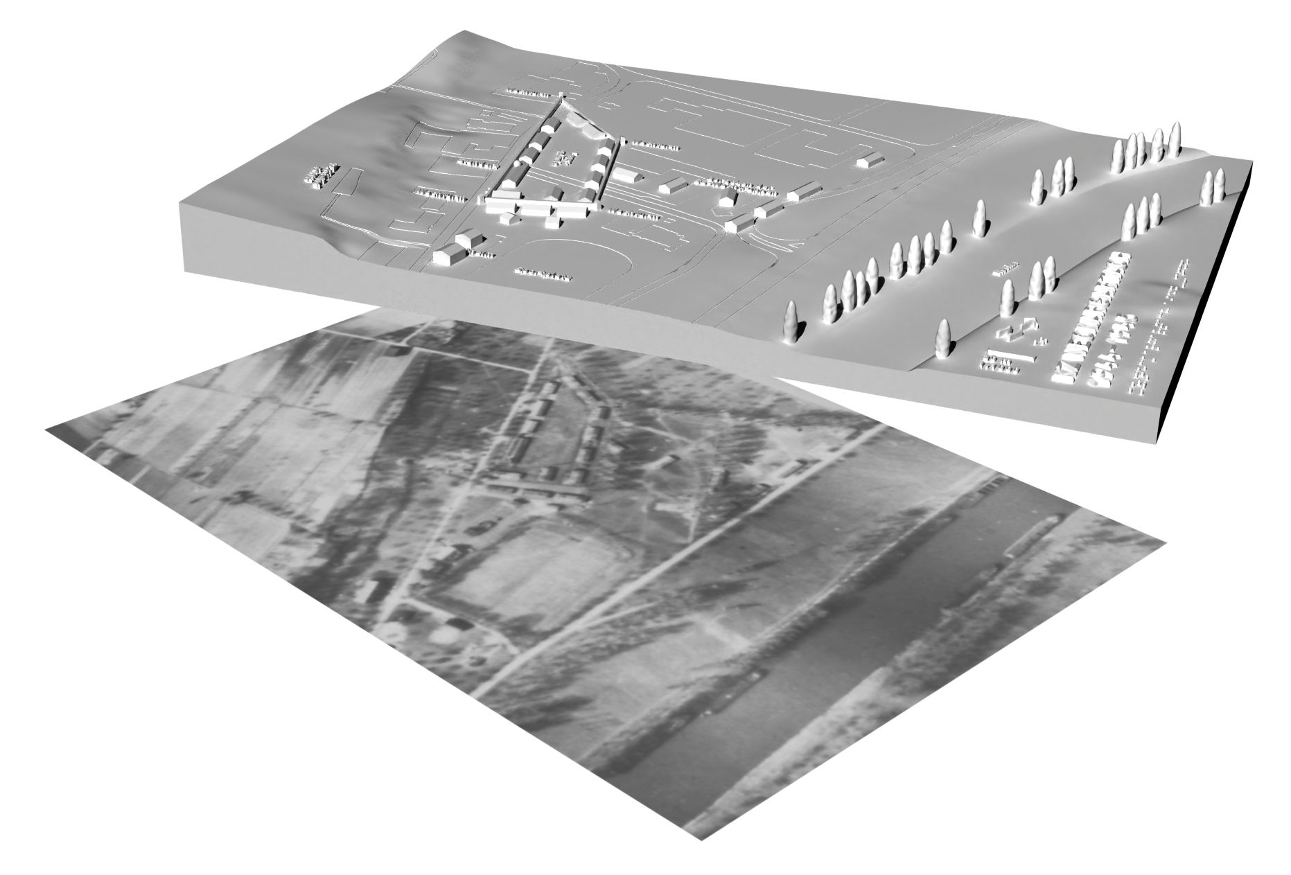 Die Oberfläche des Tastmodells schwebt oberhalb der schräg und perspektivisch platzierten historischen Luftbildaufnahme vom März 1945, die u.a. die Lagerbaracken zeigt